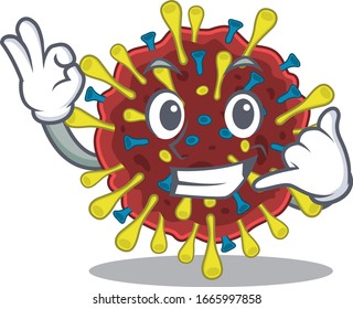 coronavirus molecule mascot cartoon design showing Call me gesture