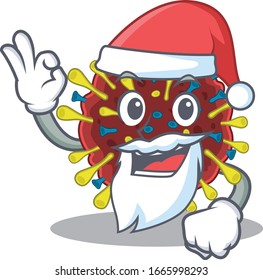 Coronavirus molecule in Santa cartoon character design showing ok finger