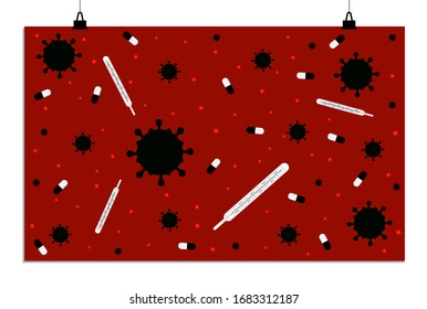 Coronavirus molecule, thermometer and pills on red background.