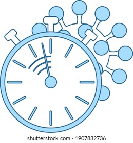 Coronavirus Molecule Under Stopwatch Icon. Thin Line With Blue Fill Design. Vector Illustration.