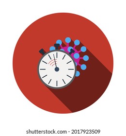 Coronavirus Molecule Under Stopwatch Icon. Flat Circle Stencil Design With Long Shadow. Vector Illustration.