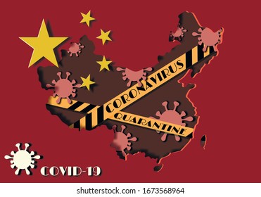 Coronavirus molecules inside the map of China, located on the flag of China. Quarantine in connection with the coronavirus. Covid-19. Vector illustration.