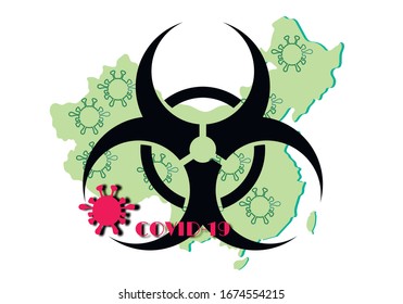Coronavirus molecules inside the map of China. Big black international biohazard symbol. Covid-19. Vector illustration. Isolated coronavirus art on white background. 