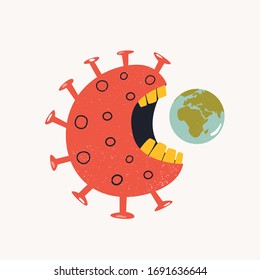 Coronavirus monster eating planet. Dangerous virus. Vector illustration, poster