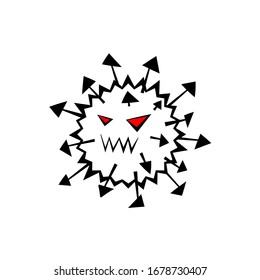 Coronavirus monster with red eyes and spikes. Coronavirus cartoon 2020. Ominous virus black white isolated. Wuhan virus.