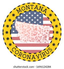 Cartel de Coronavirus en Montana. Banda redonda con forma de Montana. El estado amarillo bloquea el emblema con signos de título y virus. Ilustración vectorial.