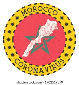 Coronavirus in Morocco sign. Round badge with the shape of Morocco. Yellow country lockdown emblem with title and virus signs. Vector illustration.