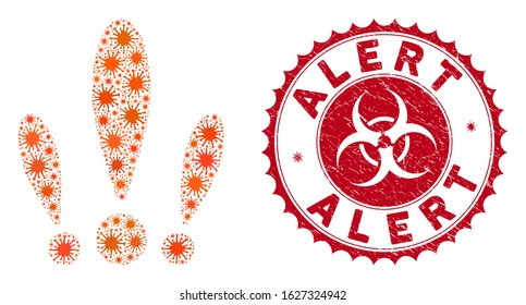 Coronavirus mosaic alert icon and rounded rubber stamp watermark with Alert caption. Mosaic vector is created with alert icon and with random infectious icons. Alert stamp seal uses biohazard style,