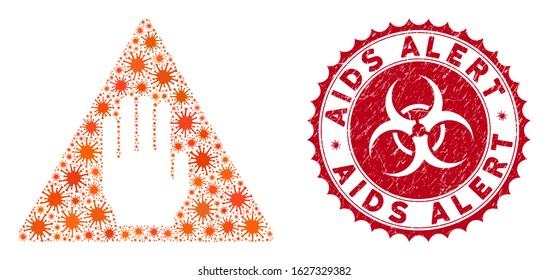 Coronavirus mosaic alert icon and rounded grunge stamp seal with AIDS Alert text. Mosaic vector is created with alert pictogram and with randomized epidemic items.