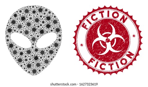 Coronavirus mosaic alien face icon and rounded grunge stamp seal with Fiction text. Mosaic vector is created from alien face icon and with scattered microorganism objects.