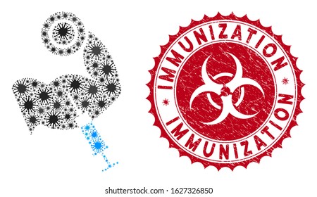 Coronavirus mosaic anabolic steroids icon and round distressed stamp seal with Immunization caption. Mosaic vector is created with anabolic steroids icon and with randomized flu elements.