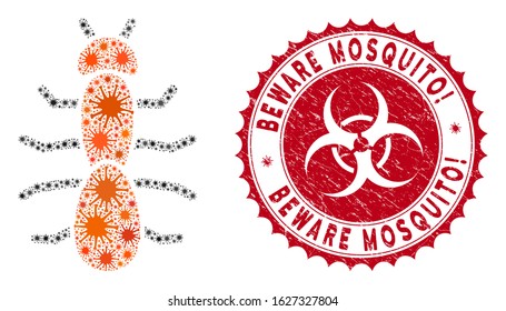 Coronavirus mosaic ant icon and rounded grunge stamp seal with Beware Mosquito! text. Mosaic vector is formed with ant icon and with scattered microbe elements.