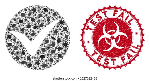 Coronavirus mosaic apply icon and rounded distressed stamp seal with Test Fail caption. Mosaic vector is formed with apply icon and with random microbe cell items.