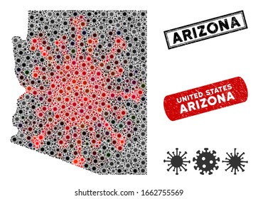 Coronavirus mosaic Arizona State map and distressed stamp watermarks. Arizona State map collage designed with random red and black infection symbols. Rectangle watermarks, with unclean texture.