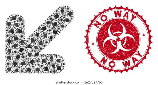 Coronavirus mosaic arrow down left icon and round rubber stamp watermark with No Way caption. Mosaic vector is composed with arrow down left icon and with randomized virus symbols.