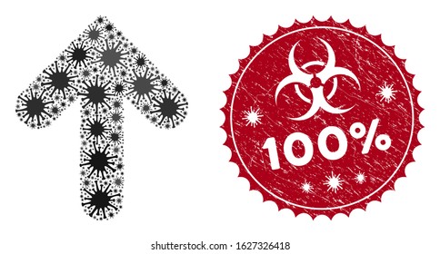 Coronavirus mosaic arrow up icon and rounded rubber stamp seal with 100% phrase. Mosaic vector is formed with arrow up pictogram and with random epidemic elements. 100% seal uses biohazard style,