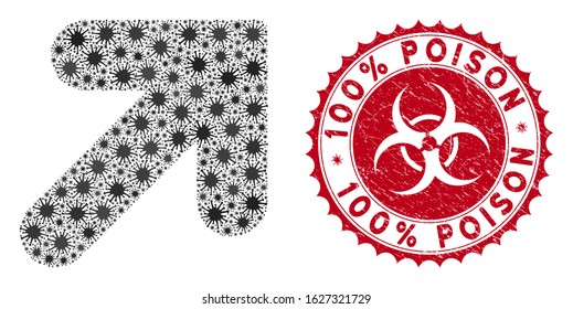 Coronavirus mosaic arrow up right icon and round corroded stamp seal with 100% Poison phrase. Mosaic vector is composed with arrow up right icon and with randomized infection items.