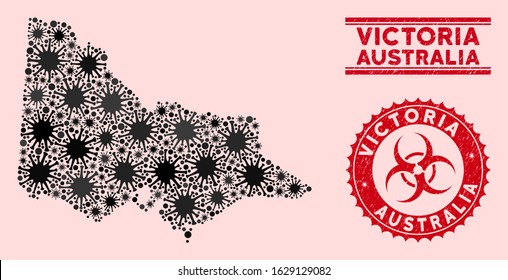 Coronavirus mosaic Australian Victoria map and red grunge stamp watermarks with biohazard symbol. Australian Victoria map collage composed with randomized infection symbols.