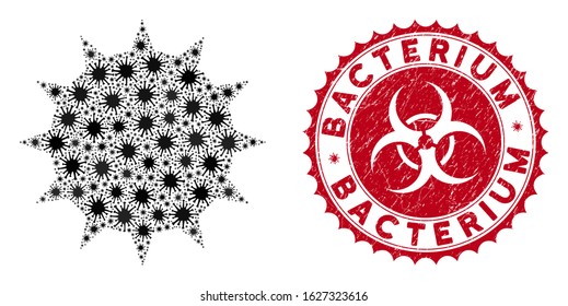 Coronavirus mosaic bacterium icon and round distressed stamp watermark with Bacterium text. Mosaic vector is composed with bacterium icon and with random microorganism icons.