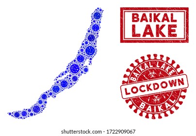 Coronavirus mosaic Baikal Lake map and watermarks. Red round lockdown distress watermark. Vector coronavirus pathogen parts are organized into mosaic Baikal Lake map. Vector collage for medical,