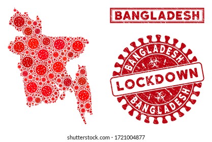 Coronavirus mosaic Bangladesh map and seal stamps. Red round lockdown scratched seal. Vector covid infection parts are grouped into mosaic Bangladesh map. Vector composition for outbreak,
