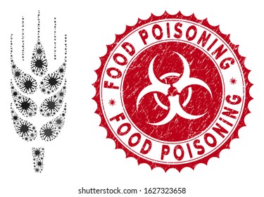 Coronavirus mosaic barley ear icon and round distressed stamp seal with Food Poisoning text. Mosaic vector is created with barley ear icon and with random contagion symbols.