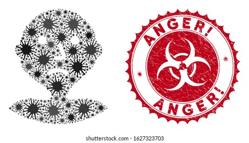 Coronavirus mosaic I am bored icon and round distressed stamp seal with Anger! caption. Mosaic vector is created from I am bored icon and with randomized mers-cov elements.