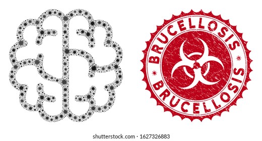 Coronavirus mosaic brain icon and rounded distressed stamp seal with Brucellosis phrase. Mosaic vector is composed with brain icon and with scattered virus symbols.