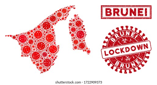 Mosaico Coronavirus Brunei mapa y sellos. Marca de agua rayada de bloqueo rojo redondo. Las partes patógenas del coronavirus vectorial se componen en el mapa de Brunei. Collaje de vectores para cuarentena,