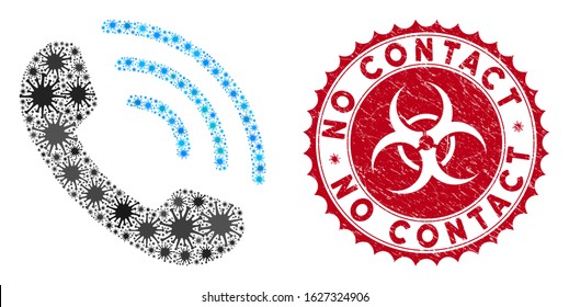 Coronavirus mosaic call ring icon and round grunge stamp watermark with No Contact caption. Mosaic vector is created with call ring icon and with randomized sars symbols.