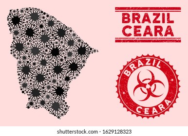 Coronavirus mosaic Ceara state map and red corroded stamp watermarks with biohazard symbol. Ceara state map collage created with randomized bacillus elements. Red round outbreak danger seal stamp,