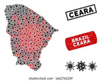 Coronavirus mosaic Ceara state map and rubber stamp watermarks. Ceara state map collage composed with scattered red and black mers-cov elements. Rectangle watermarks, with grunge texture.