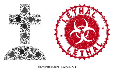 Coronavirus mosaic cemetery icon and rounded rubber stamp seal with Lethal text. Mosaic vector is created from cemetery icon and with randomized mers elements. Lethal stamp seal uses biohazard style,