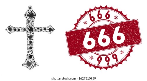 Coronavirus mosaic Christian cross icon and rounded grunge stamp seal with 666 text. Mosaic vector is composed with Christian cross icon and with scattered pandemic items.