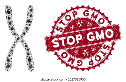 Coronavirus mosaic chromosome icon and round corroded stamp watermark with Stop GMO caption. Mosaic vector is created with chromosome icon and with randomized viral objects.