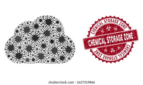 Coronavirus mosaic cloud icon and round grunge stamp seal with Chemical Storage Zone phrase. Mosaic vector is created with cloud icon and with scattered mers-cov objects.