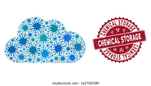 Coronavirus mosaic cloud icon and rounded distressed stamp seal with Chemical Storage phrase. Mosaic vector is designed with cloud icon and with random bacillus symbols.