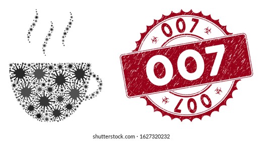 Coronavirus mosaic coffee cup icon and rounded corroded stamp watermark with 007 text. Mosaic vector is created with coffee cup icon and with randomized viral elements.