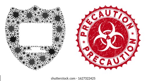 Coronavirus mosaic computer insurance icon and rounded rubber stamp seal with Precaution phrase. Mosaic vector is designed with computer insurance icon and with scattered microbe symbols.