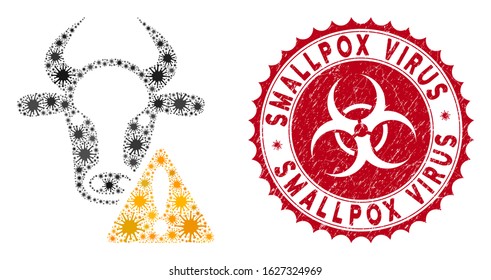 Coronavirus mosaic cow warning icon and rounded rubber stamp watermark with Smallpox Virus text. Mosaic vector is composed with cow warning icon and with scattered viral items.