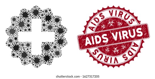 Coronavirus mosaic create icon and round corroded stamp seal with AIDS Virus phrase. Mosaic vector is created with create icon and with random infection elements.