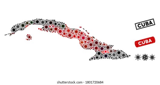 Coronavirus Mosaik Kuba Karte und farbige Wasserzeichen. Cuba Karte Collage erstellt mit zufälligen roten und schwarzen Bakterienelementen. Wasserzeichen mit unscharfer Textur neu versetzen.