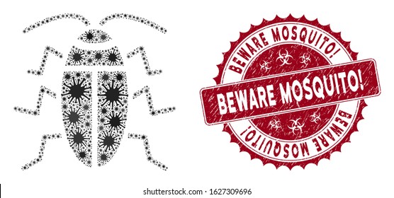 Coronavirus mosaic cucaracha icon and rounded grunge stamp seal with Beware Mosquito! phrase. Mosaic vector is formed with cucaracha pictogram and with scattered epidemic icons.