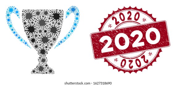 Coronavirus mosaic cup icon and rounded grunge stamp seal with 2020 phrase. Mosaic vector is composed with cup icon and with randomized bacteria symbols. 2020 stamp seal uses biohazard style,