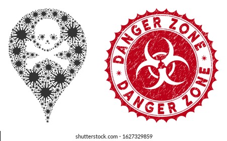 Coronavirus mosaic danger zone map marker icon and round grunge stamp seal with Danger Zone caption. Mosaic vector is composed with danger zone map marker icon and with random contagion objects.