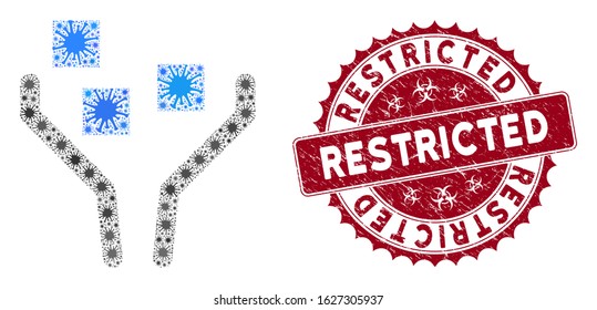 Coronavirus mosaic data filtering icon and rounded rubber stamp seal with Restricted caption. Mosaic vector is designed with data filtering icon and with randomized microorganism items.