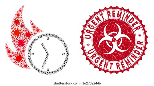 Coronavirus mosaic deadline burn clock icon and round grunge stamp watermark with Urgent Reminder caption.