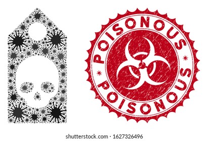 Coronavirus mosaic death coupon icon and round rubber stamp seal with Poisonous caption. Mosaic vector is designed with death coupon pictogram and with randomized flu icons.