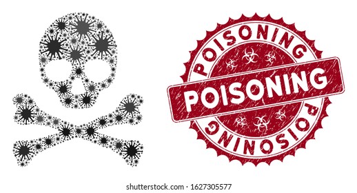 Coronavirus mosaic death skull icon and rounded grunge stamp watermark with Poisoning caption. Mosaic vector is formed with death skull icon and with random infectious icons.