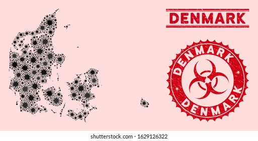 Coronavirus mosaic Denmark map and red grunge stamp watermarks with biohazard sign. Denmark map collage formed with scattered pandemic icons. Red rounded outbreak danger seal stamp,